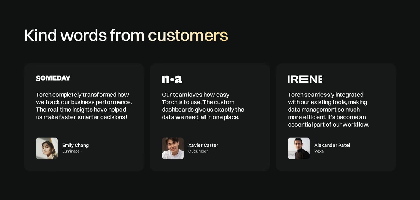 Torch — screenshot of the testimonials section