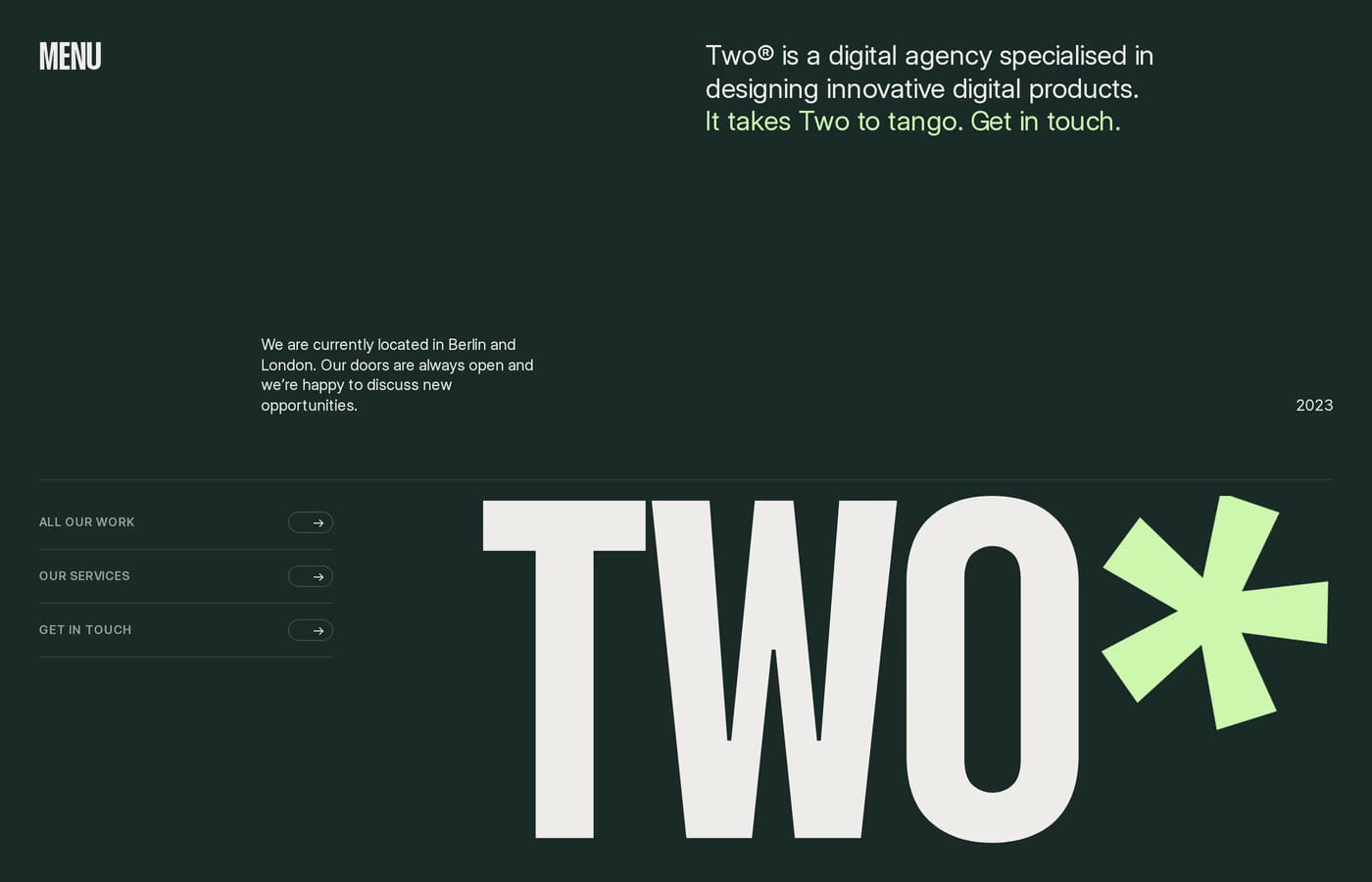 Two — screenshot of the hero section