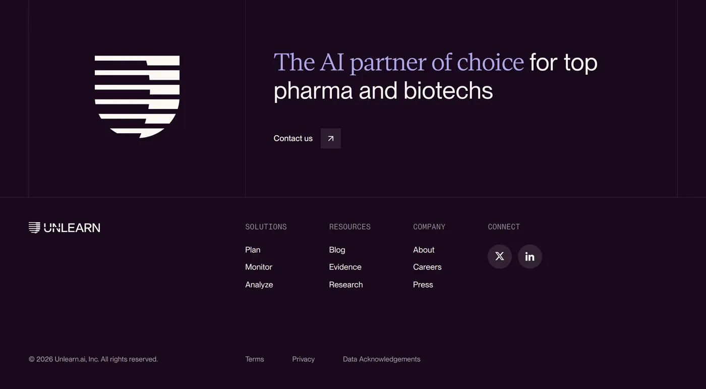 Unlearn — screenshot of the footer section