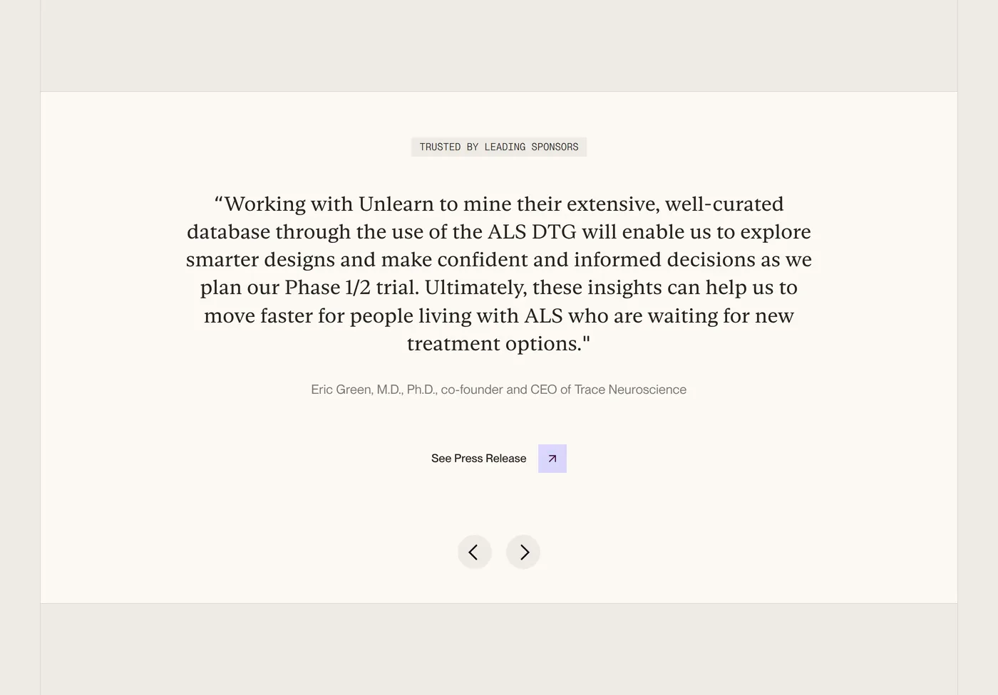 Unlearn — screenshot of the testimonials section