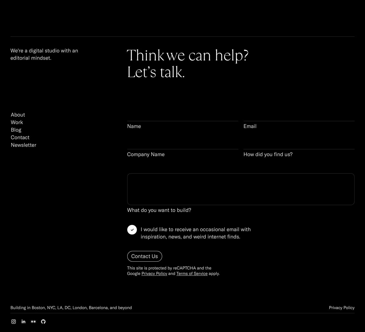 Upstatement — screenshot of the footer section