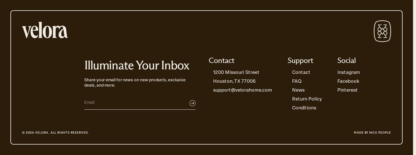 Velora Home — screenshot of the footer section