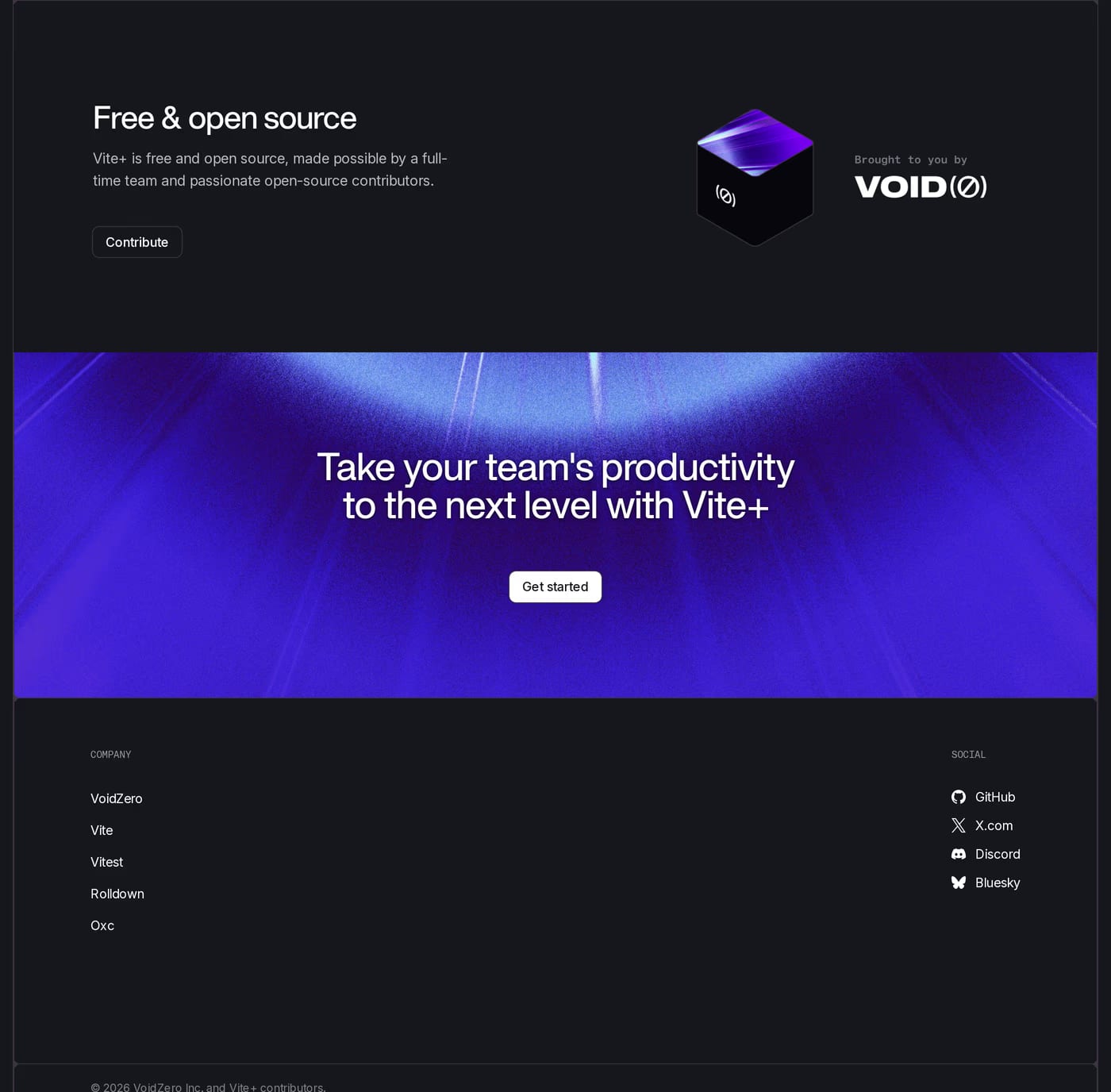 Vite+ — screenshot of the call to action section