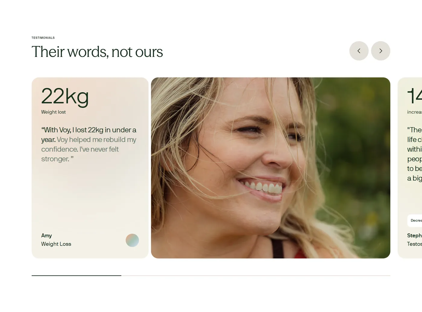 Voy — screenshot of the testimonials section