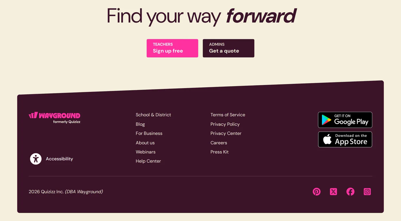 Wayground — screenshot of the call to action section