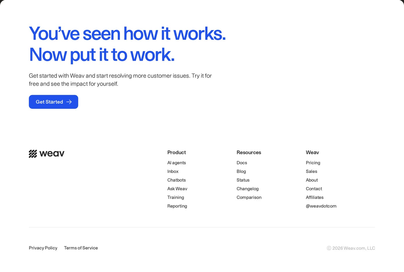 Weav — screenshot of the call to action section