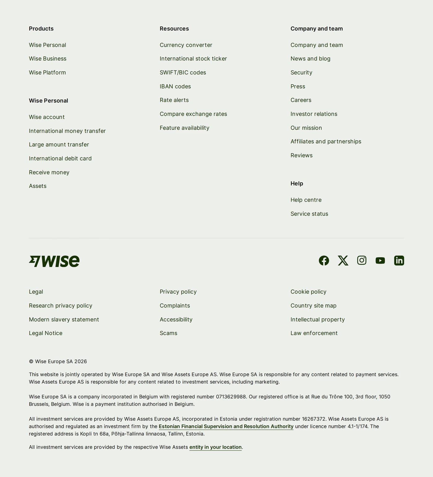 Wise — screenshot of the footer section
