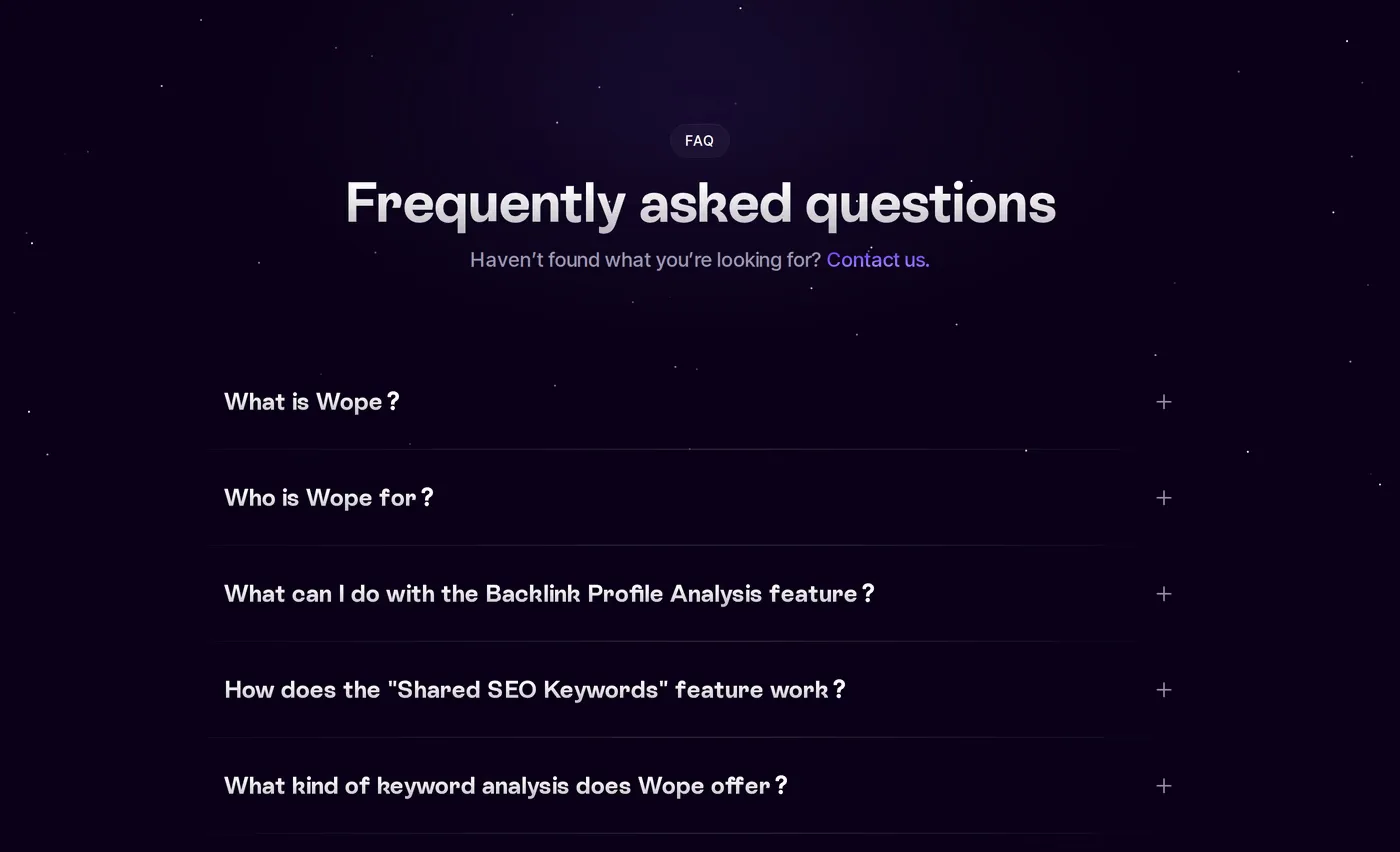 Wope — screenshot of the faq section