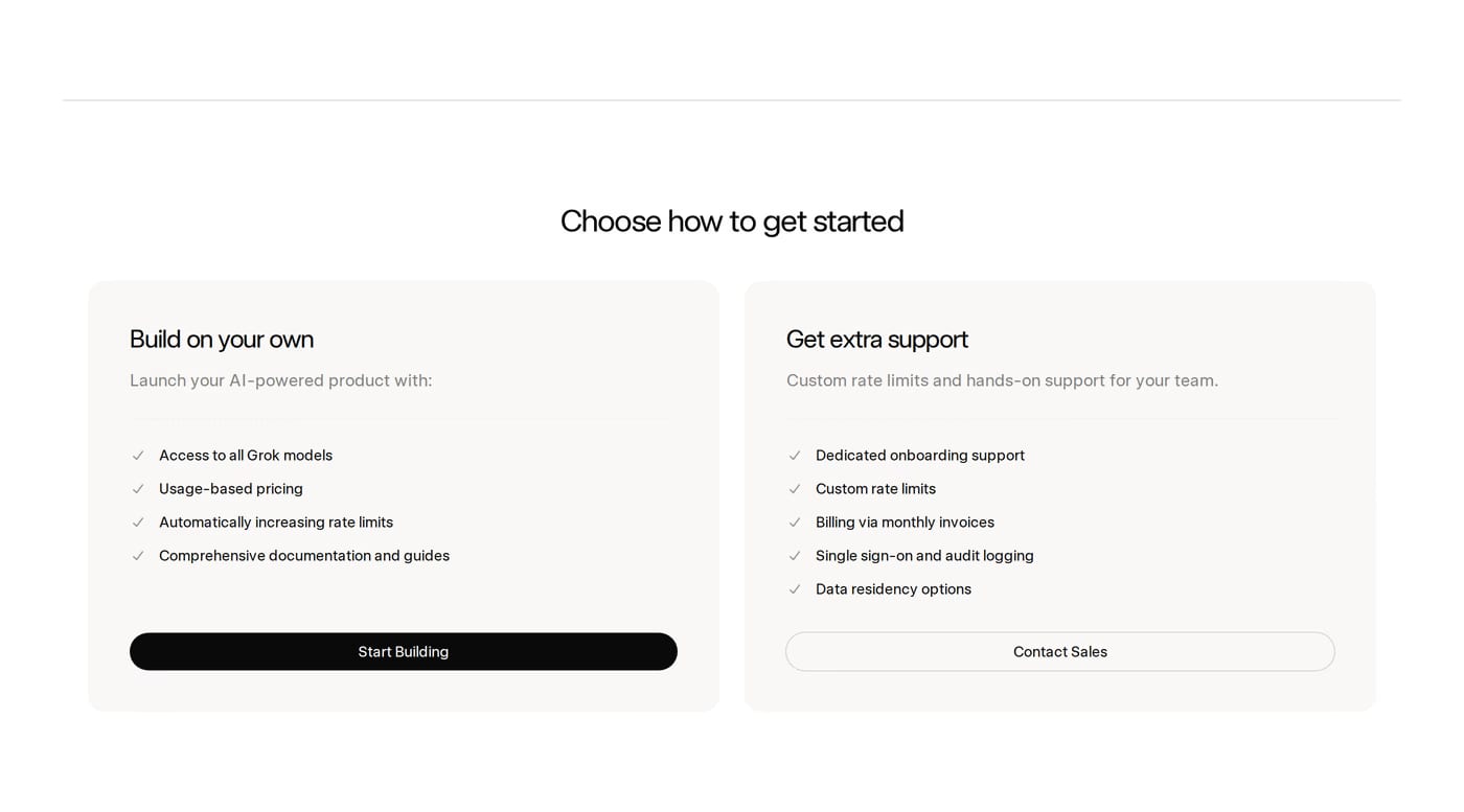 xAI Pricing section