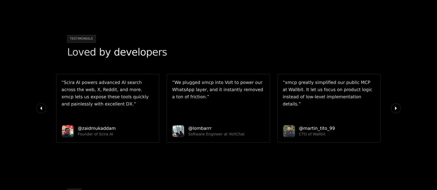 XMCP — screenshot of the testimonials section