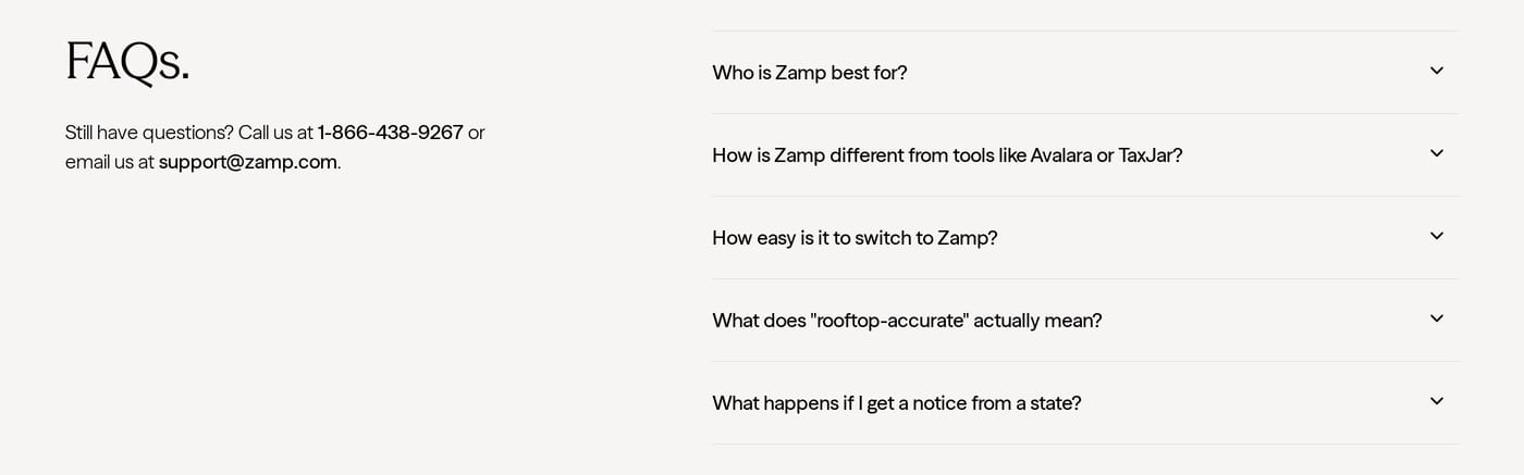 Zamp — screenshot of the faq section