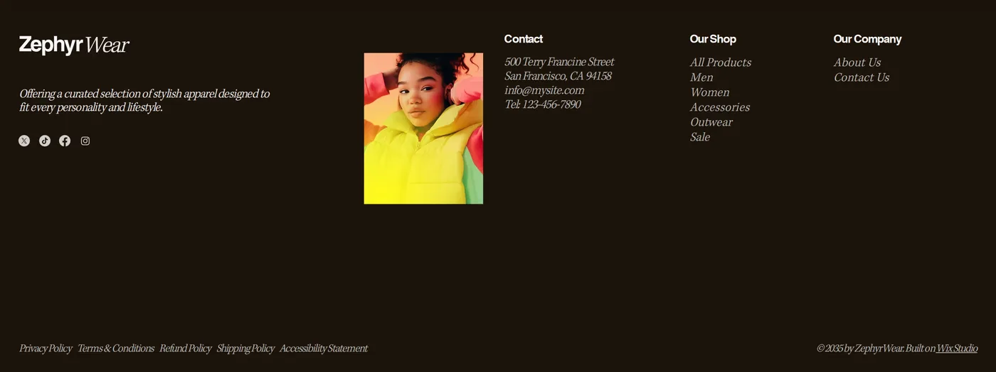 ZephyrWear — screenshot of the footer section