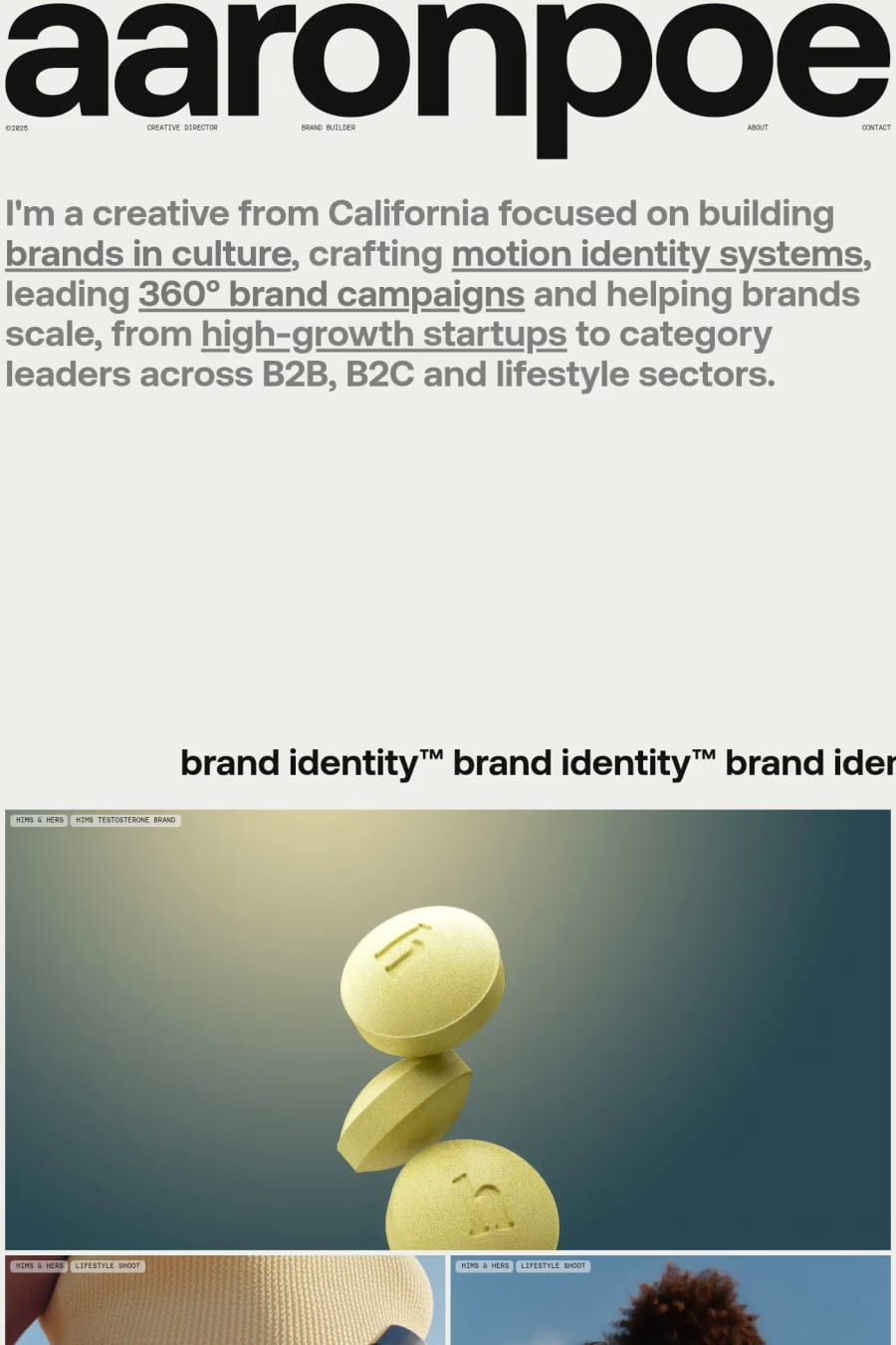 Aaron Poe — screenshot of a light, minimal design portfolio site in white and grey