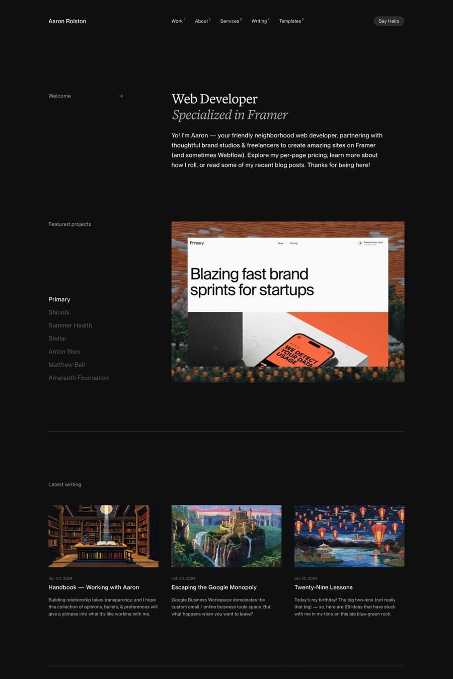 Aaron Rolston — portfolio website screenshot