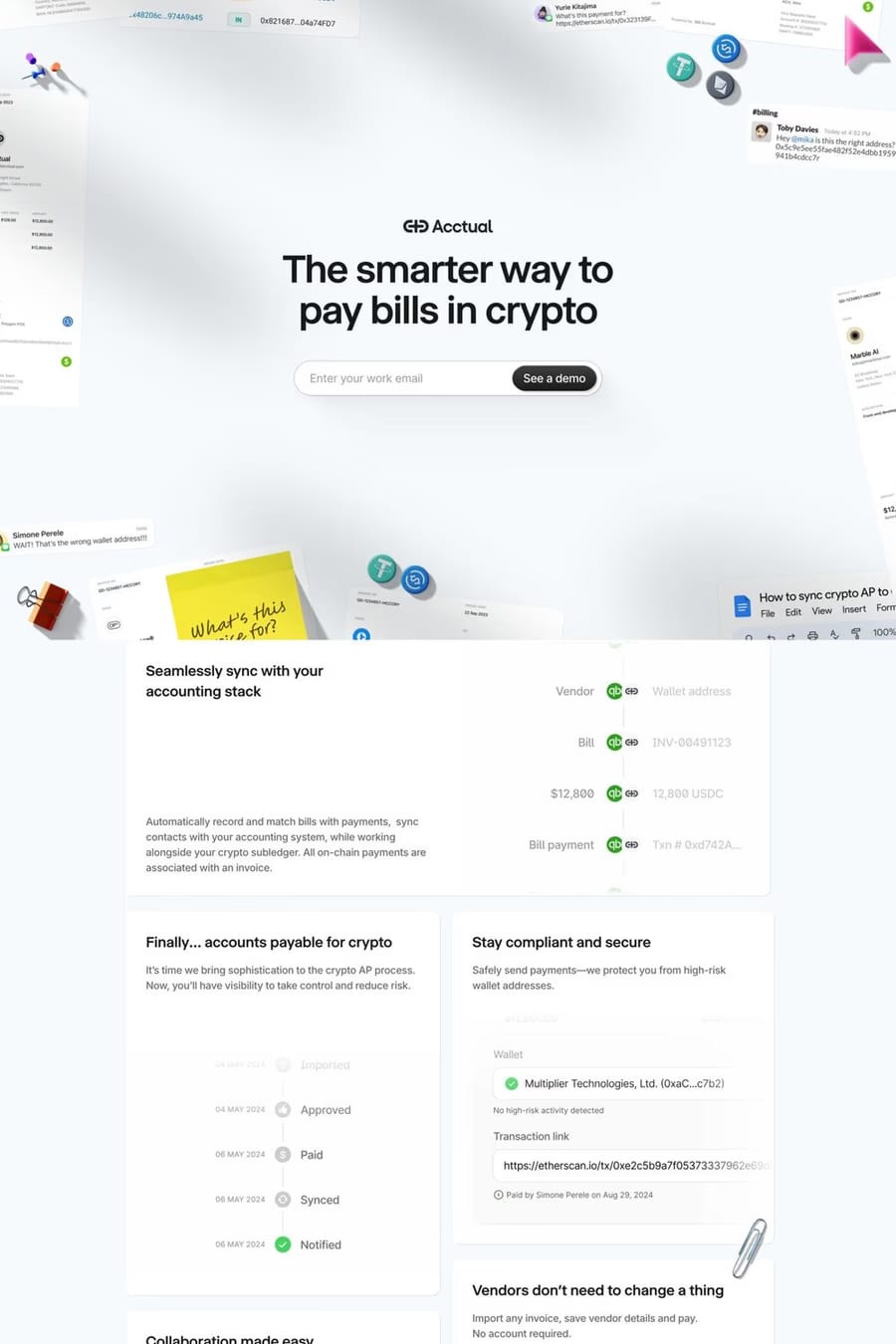 Acctual — screenshot of a Web3 and crypto landing page in white and grey, with texture and shadow overlays