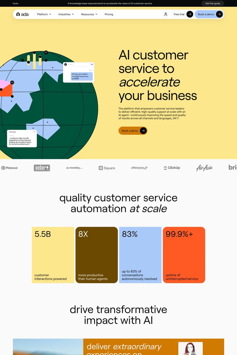 Ada — screenshot of a colourful AI landing page in yellow and orange
