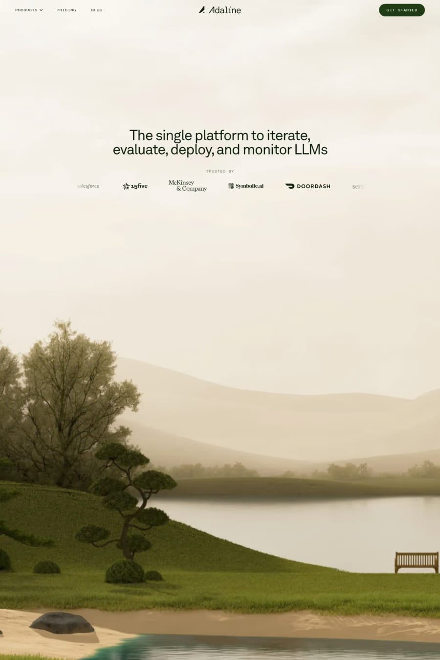 Adaline — screenshot of a 3D, light AI landing page in beige
