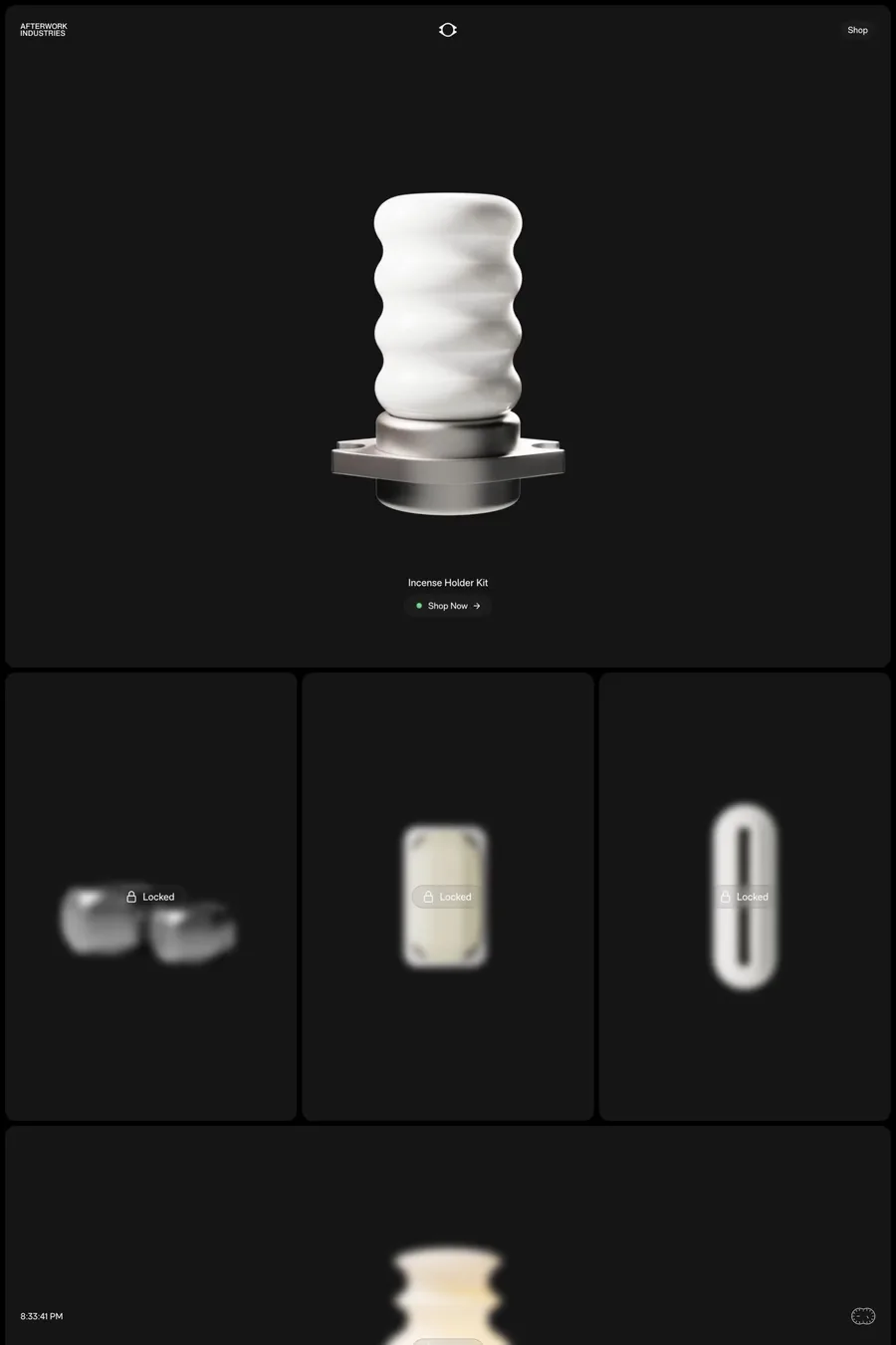 Afterwork Industries — screenshot of a minimal, 3D homeware online shop in black and dark grey