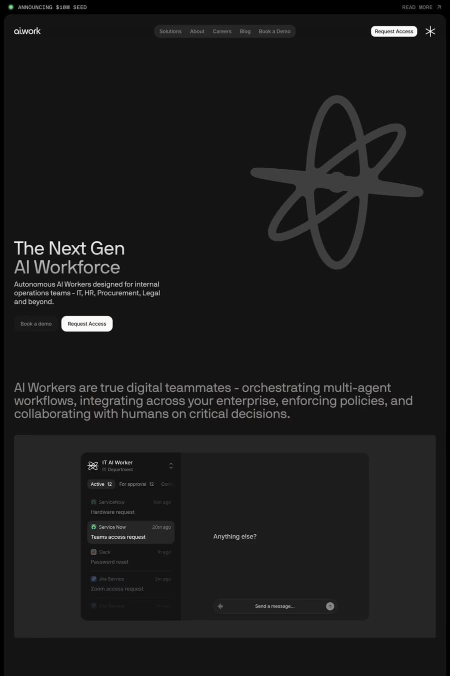ai.work — screenshot of a clean, techy AI landing page in black and dark grey