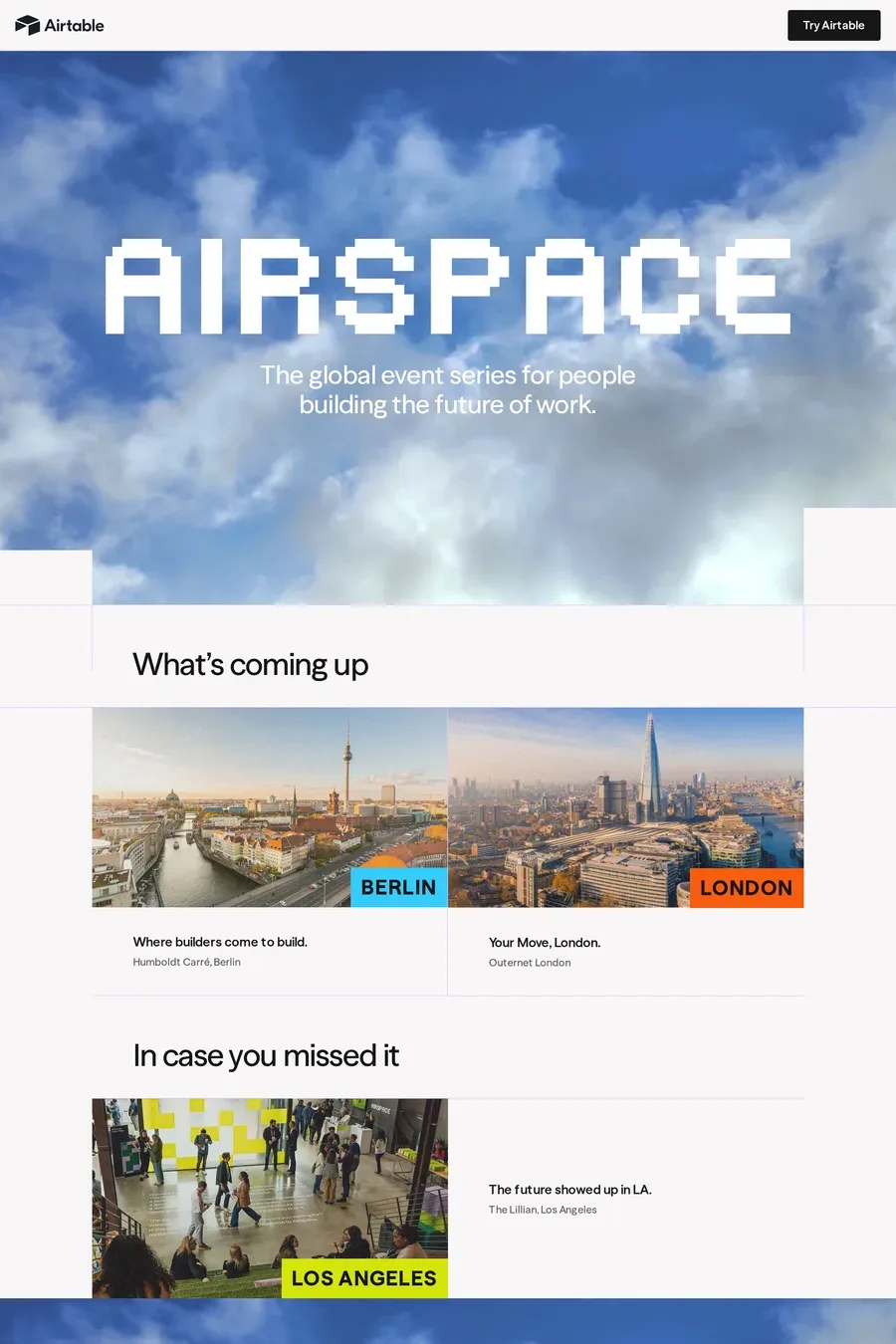 Airspace — screenshot of a pixelated, boxy events landing page in blue and white