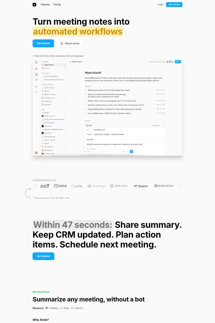 Amie — screenshot of a minimal productivity landing page in light grey and blue