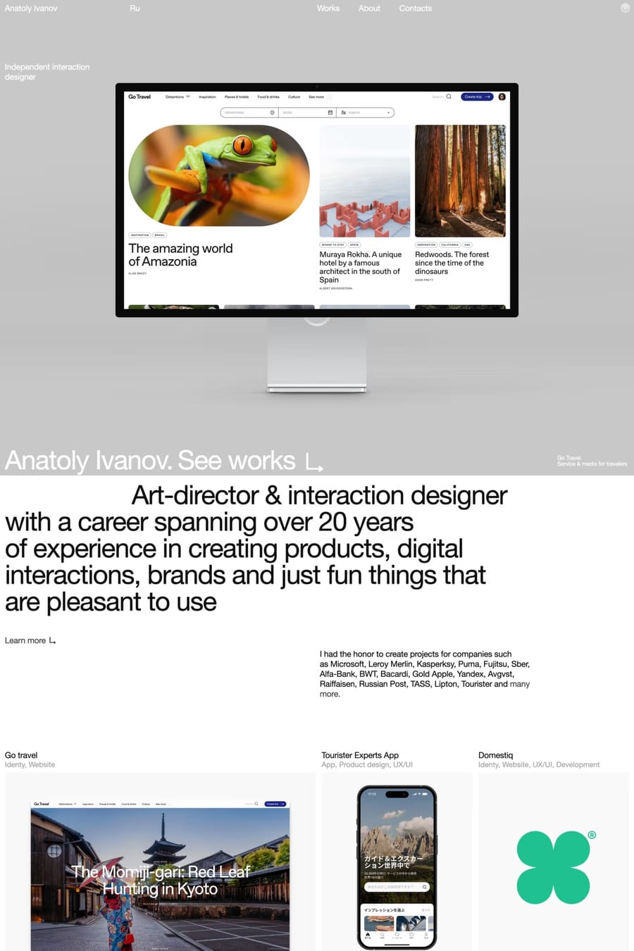 Anatoly Ivanov — screenshot of a minimal design portfolio site in white and beige