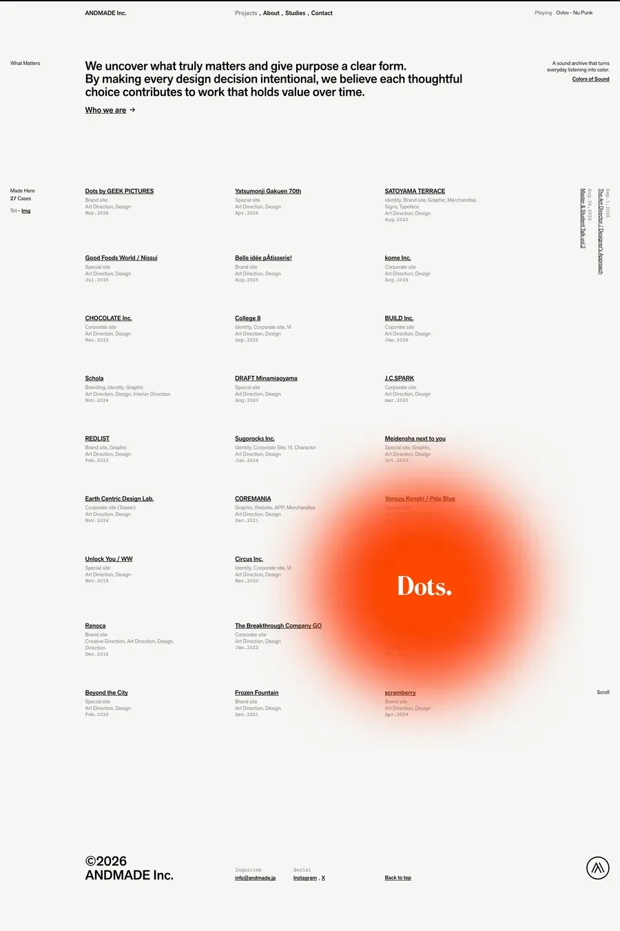 ANDMADE Inc. — screenshot of a typographic, neutral design agency site in beige and black