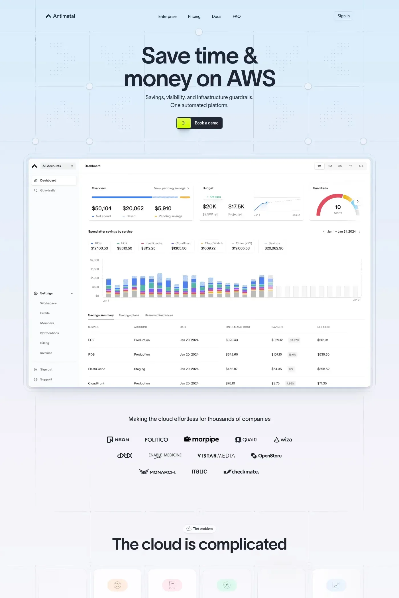 Antimetal — screenshot of a detailed, pastel development landing page in light blue and light grey