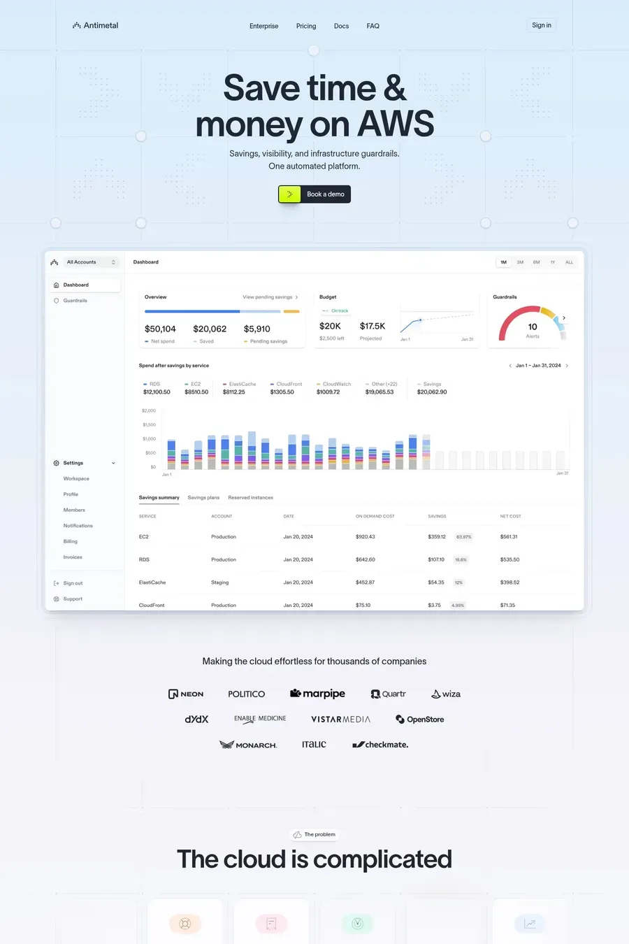 Antimetal — screenshot of a detailed, pastel development landing page in light blue and light grey