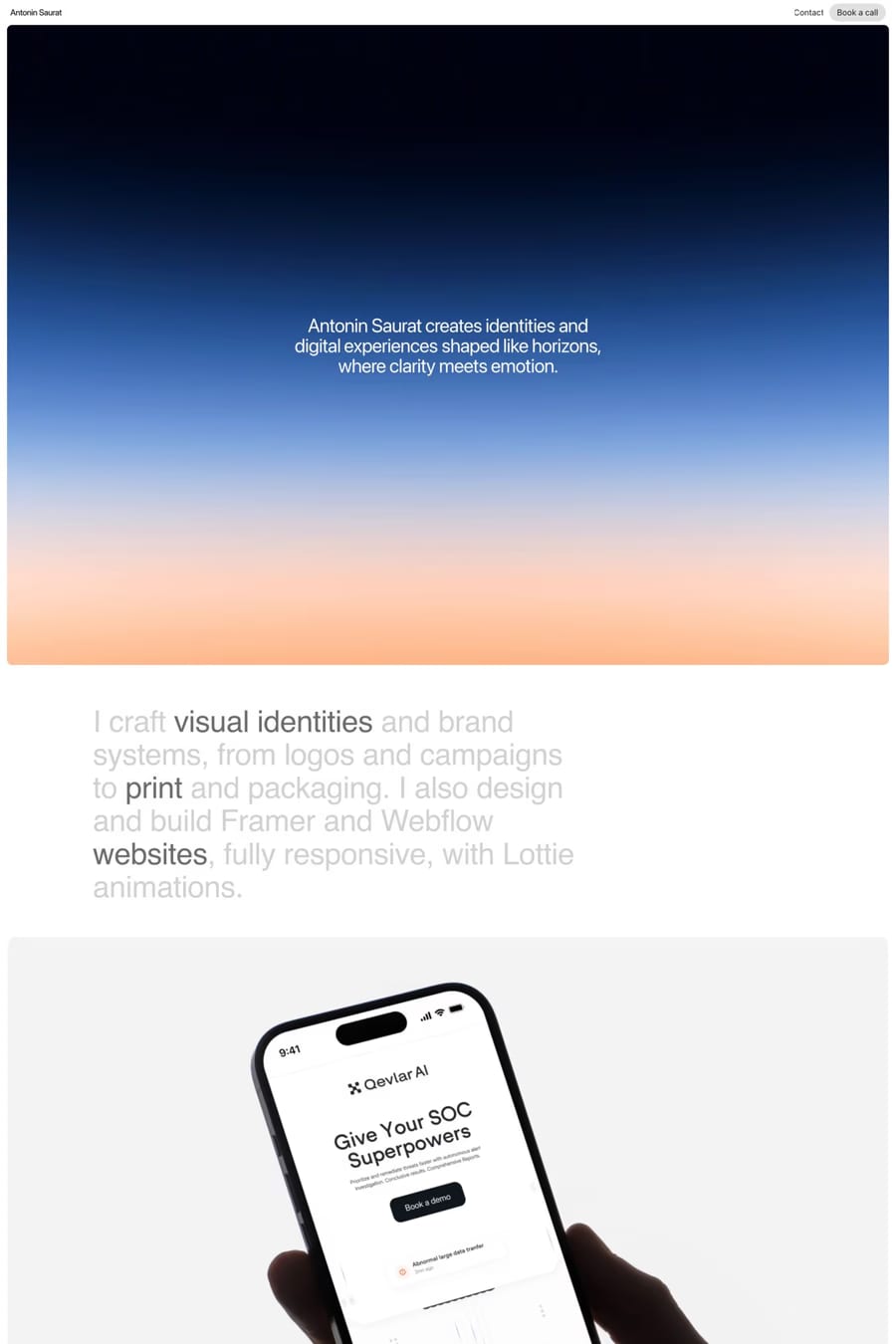Antonin Saurat — screenshot of a minimal design portfolio site in white and dark blue