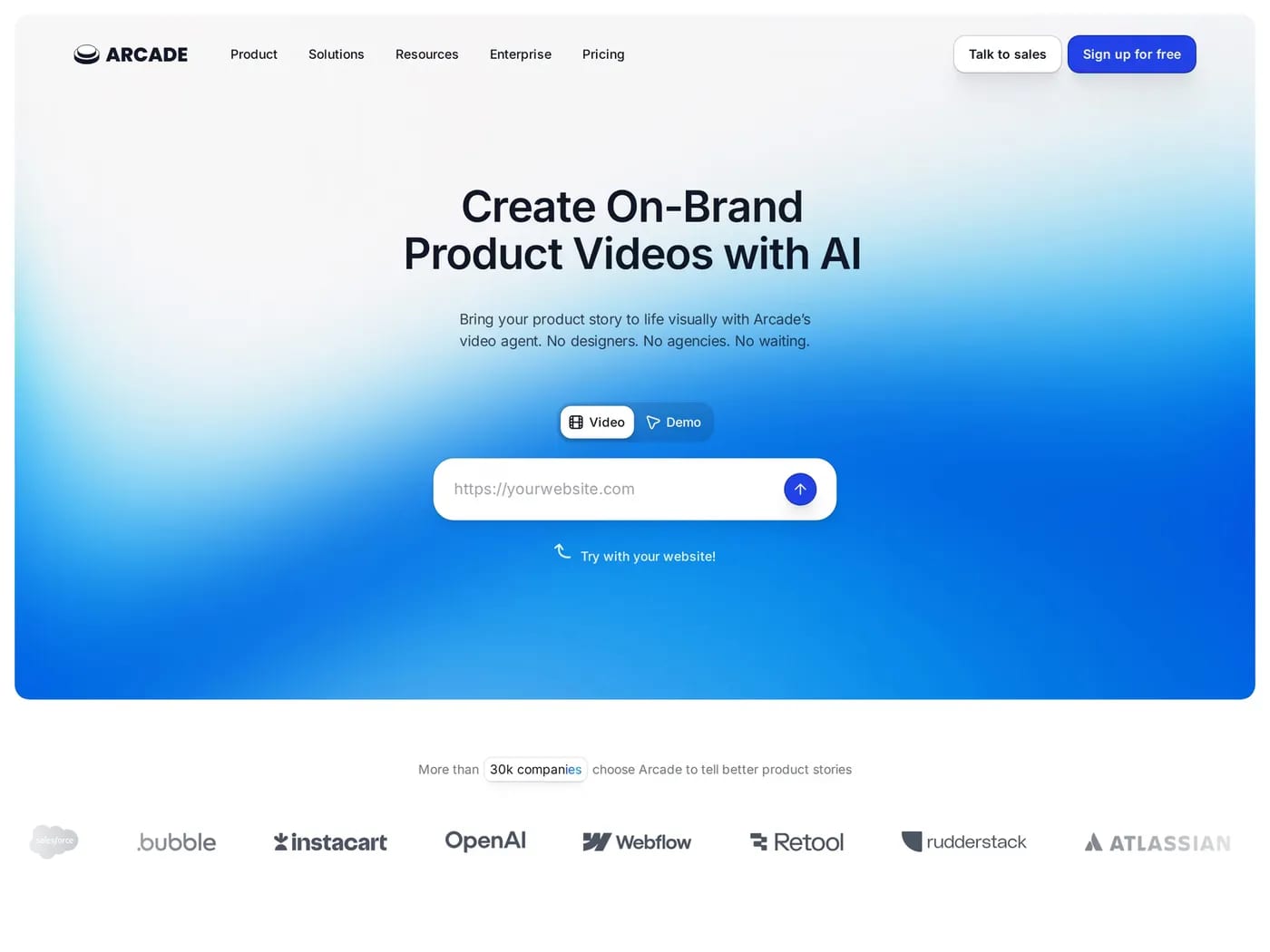 Arcade — screenshot of a clean AI landing page in white and light blue