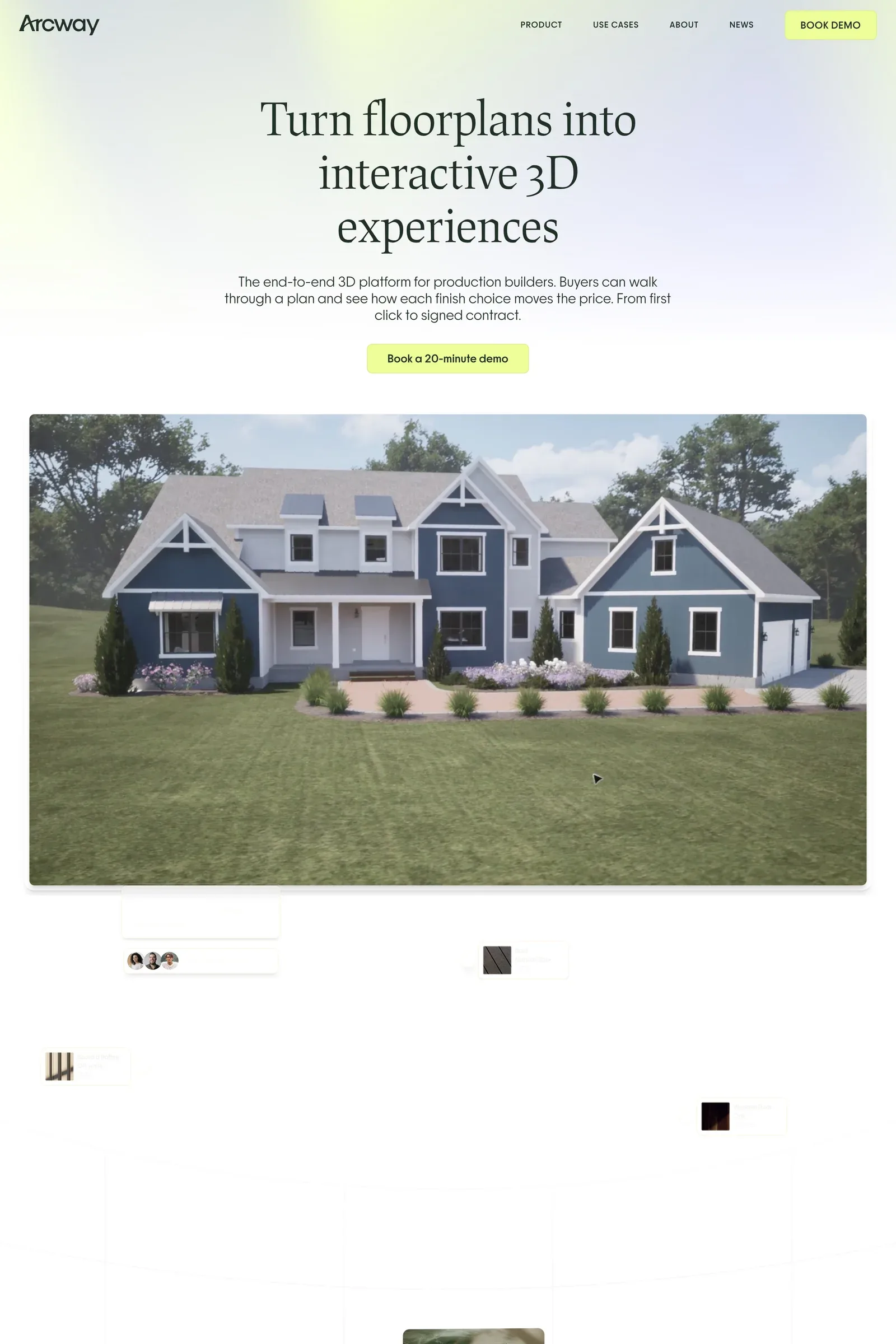 Arcway — screenshot of a typographic, light real estate landing page in light purple and light green