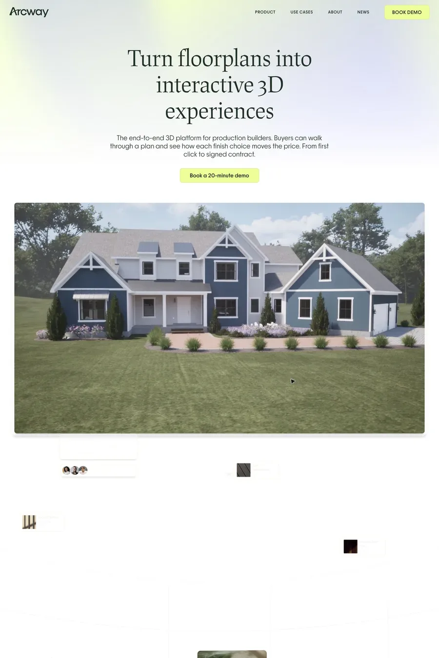 Arcway — screenshot of a typographic, light real estate landing page in light purple and light green