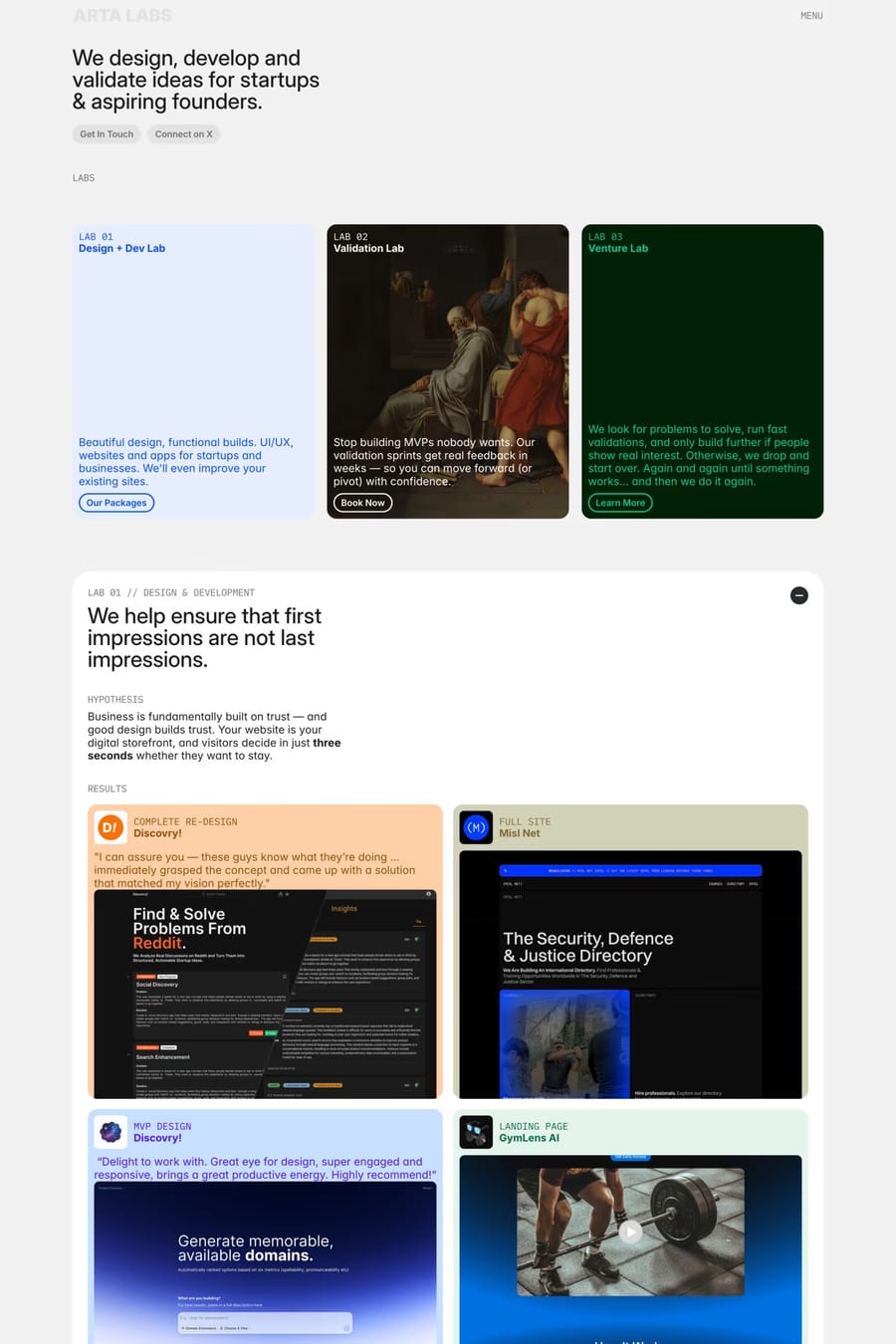 Arta Labs — screenshot of a painted, hand-drawn design agency site in grey and light grey