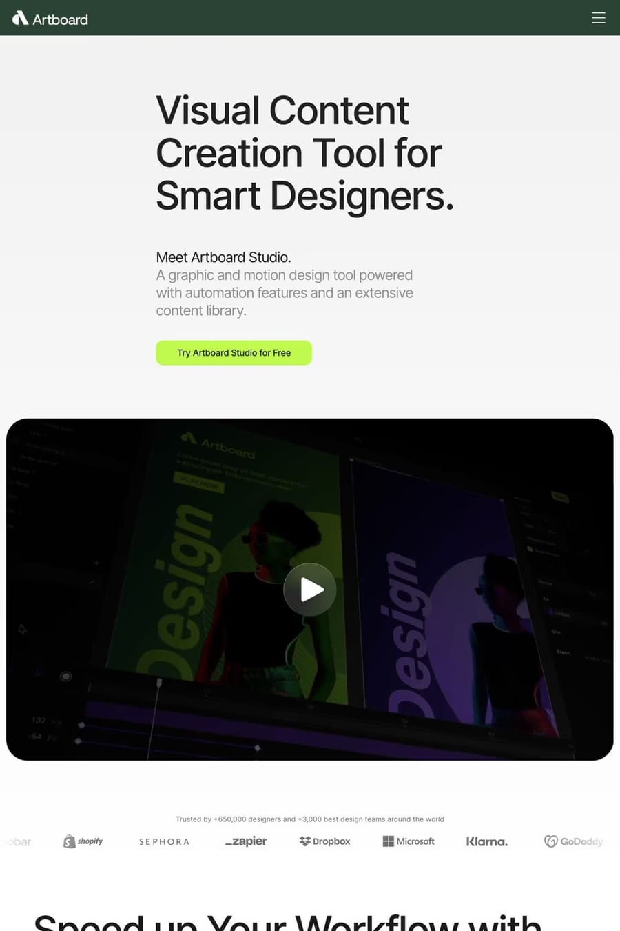 Artboard — screenshot of a neon design landing page in dark green and light green