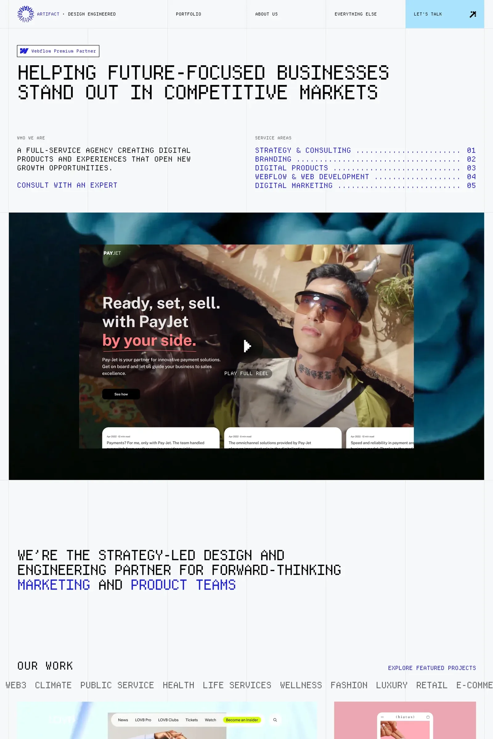 Artifact — screenshot of a typographic design agency site in white and light blue