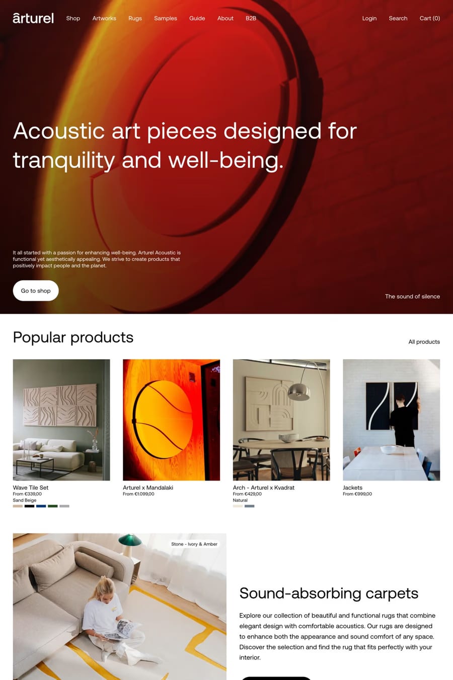Arturel — screenshot of a minimal homeware online shop in white and brown