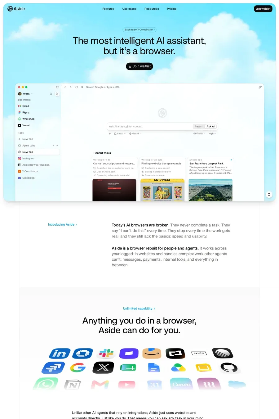 Aside — screenshot of a light, minimal AI landing page in white and light blue