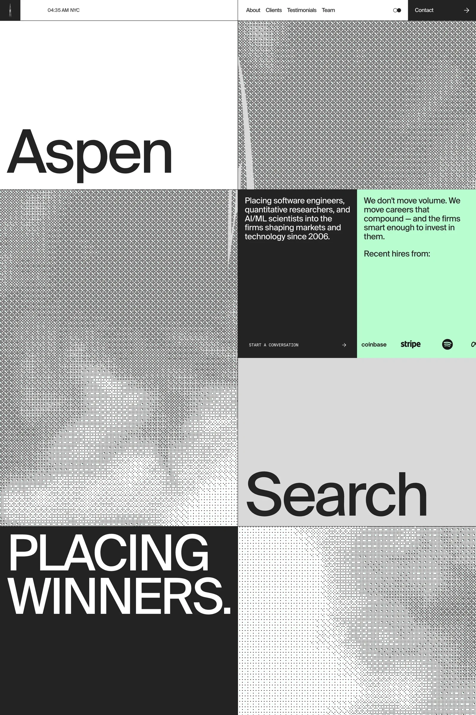 Aspen Search — screenshot of a typographic, boxy human resources agency site in white and black