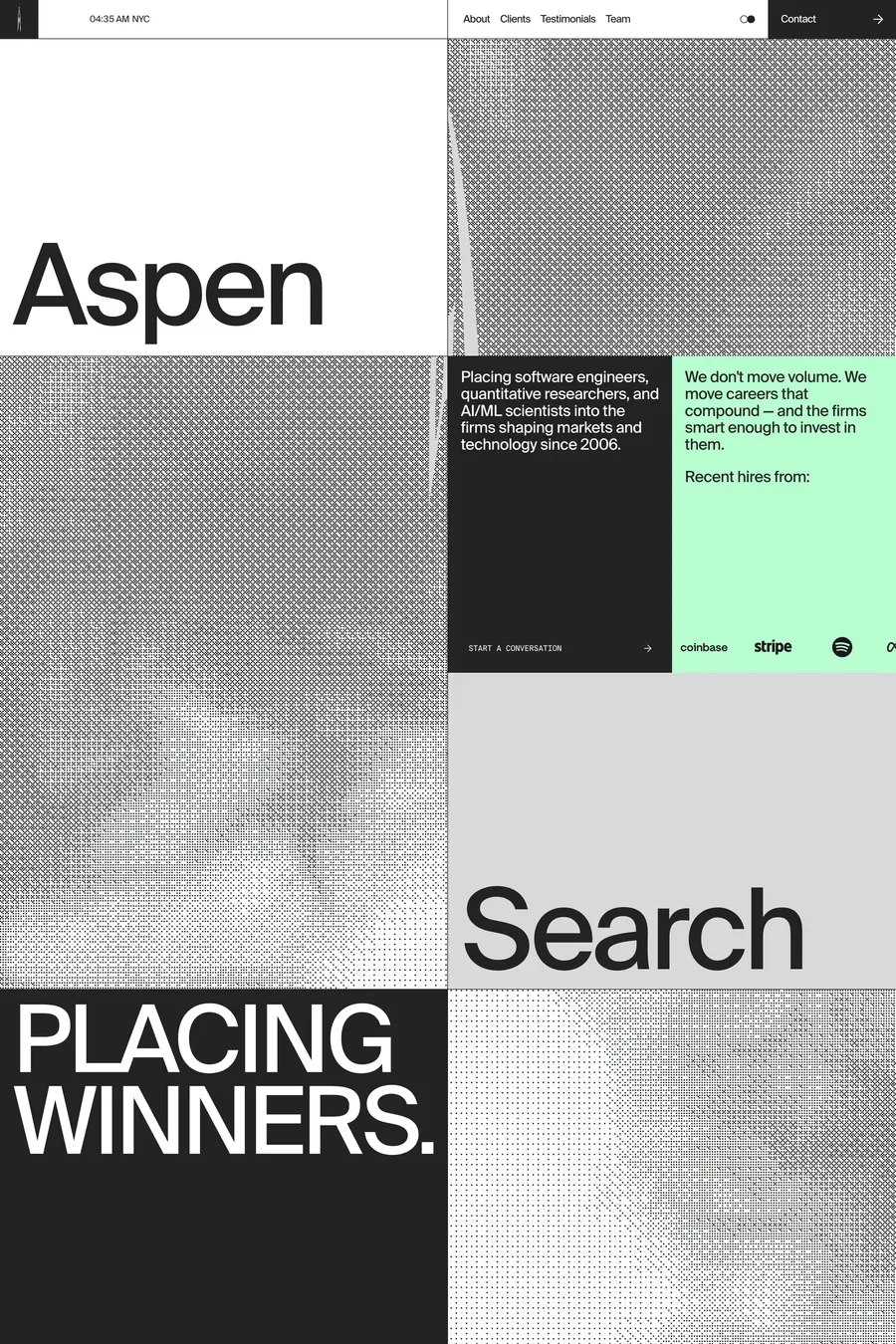 Aspen Search — screenshot of a typographic, boxy human resources agency site in white and black
