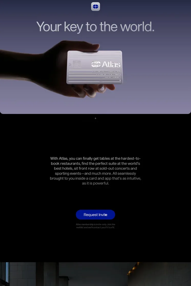 Atlas — screenshot of a minimal finance landing page in black and blue