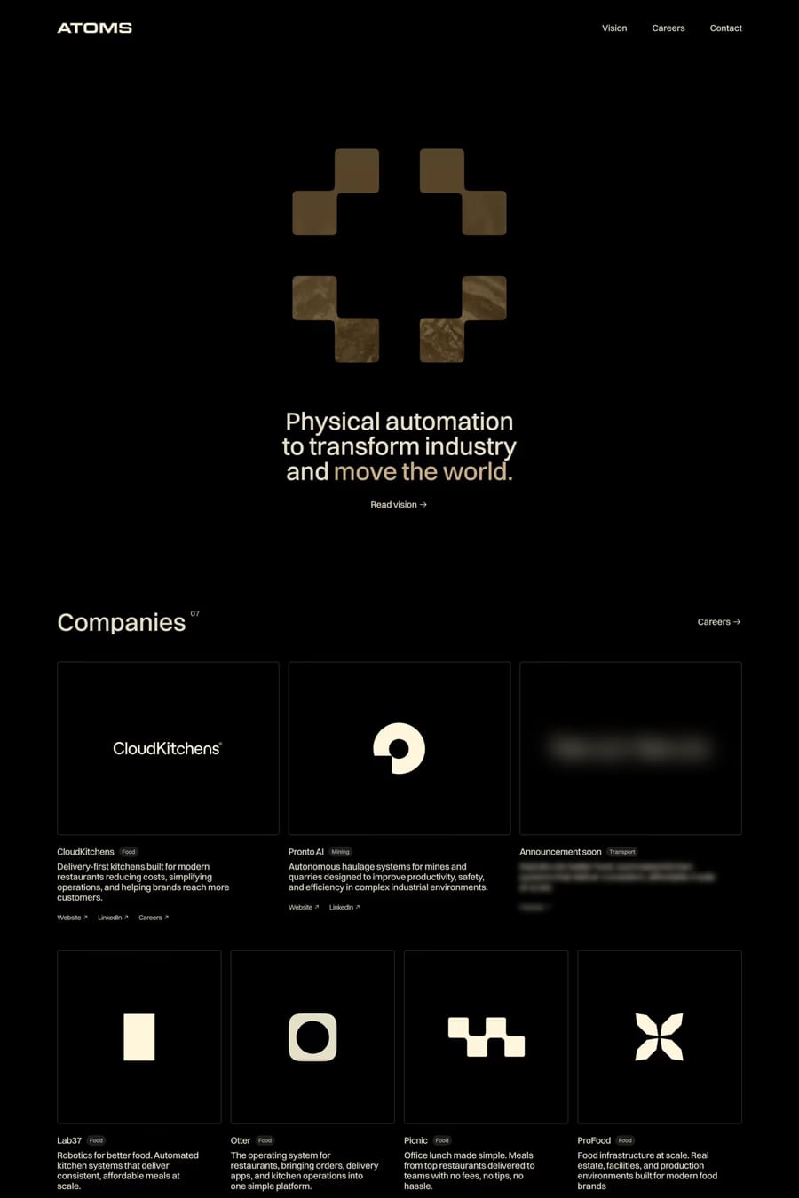 Atoms — screenshot of a dark, typographic hardware landing page in black and cream