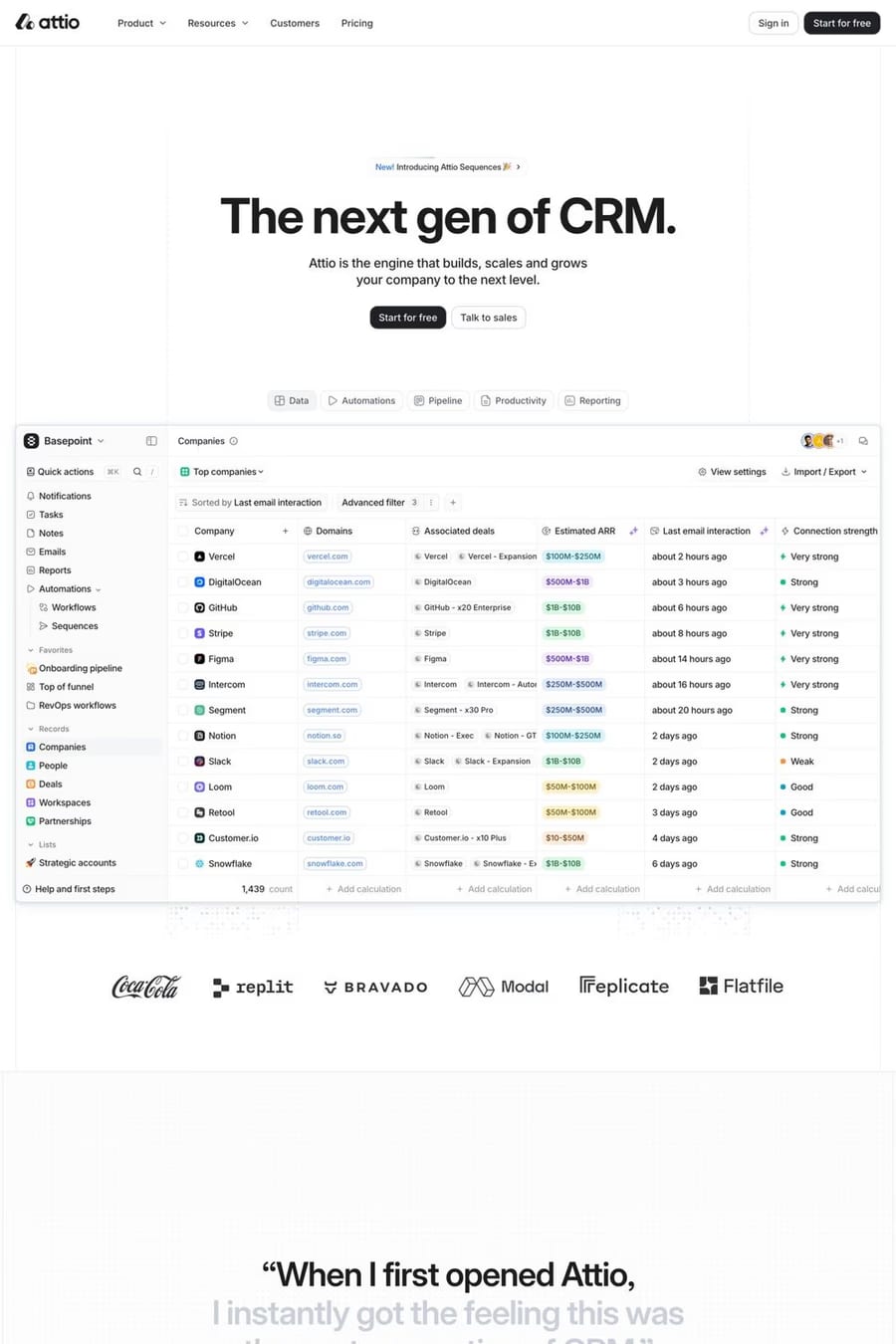 Attio — screenshot of a detailed marketing landing page in white and black