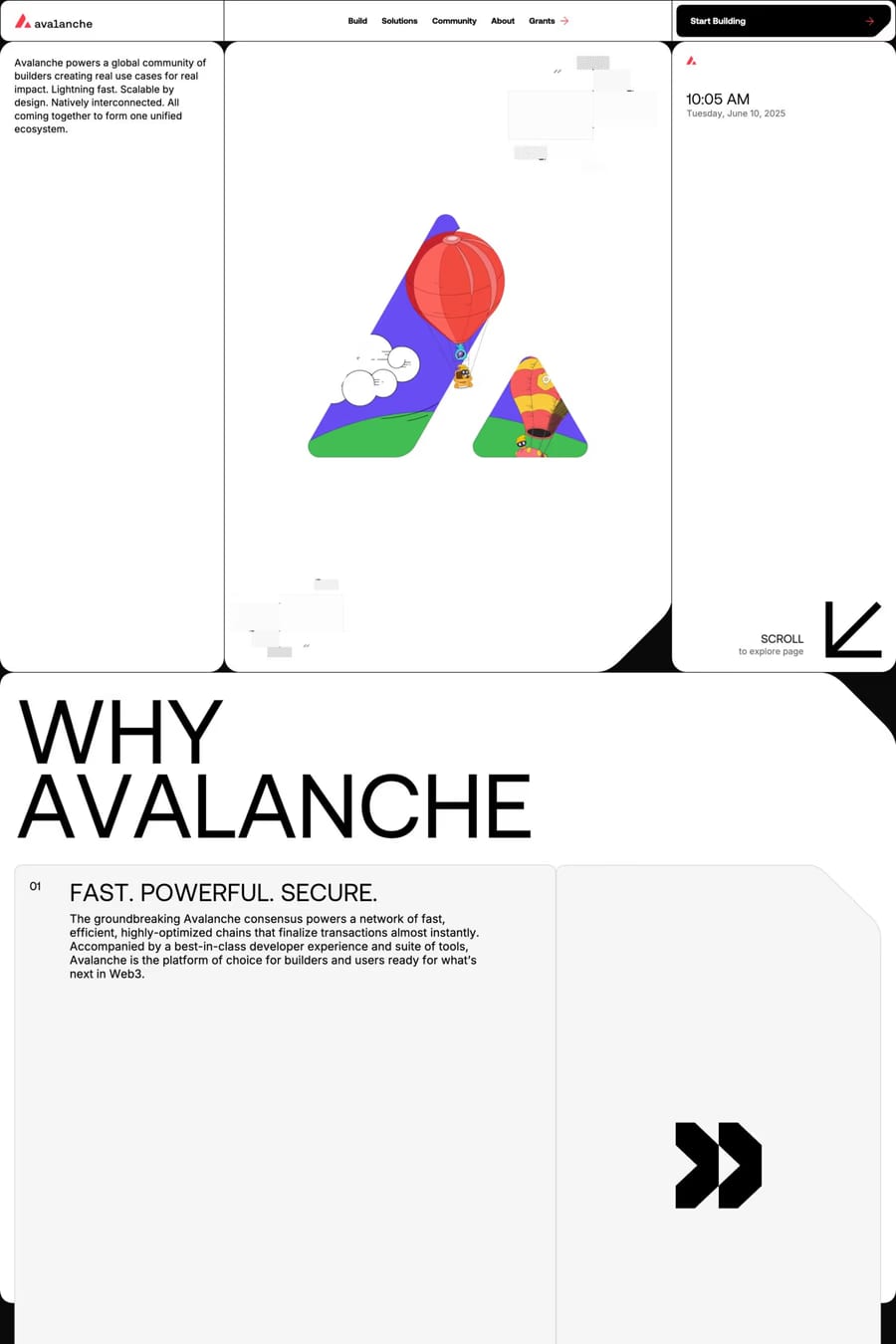 Avax.network — screenshot of a Web3 and crypto landing page in white and black, with a grid layout and geometric shapes