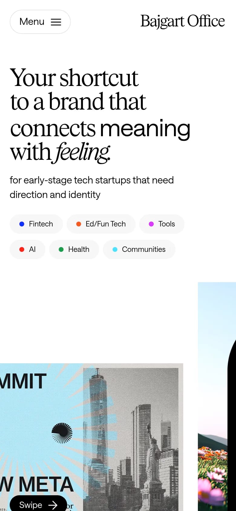 Bajgart Design Office — mobile screenshot of a black-and-white, editorial design portfolio site in white