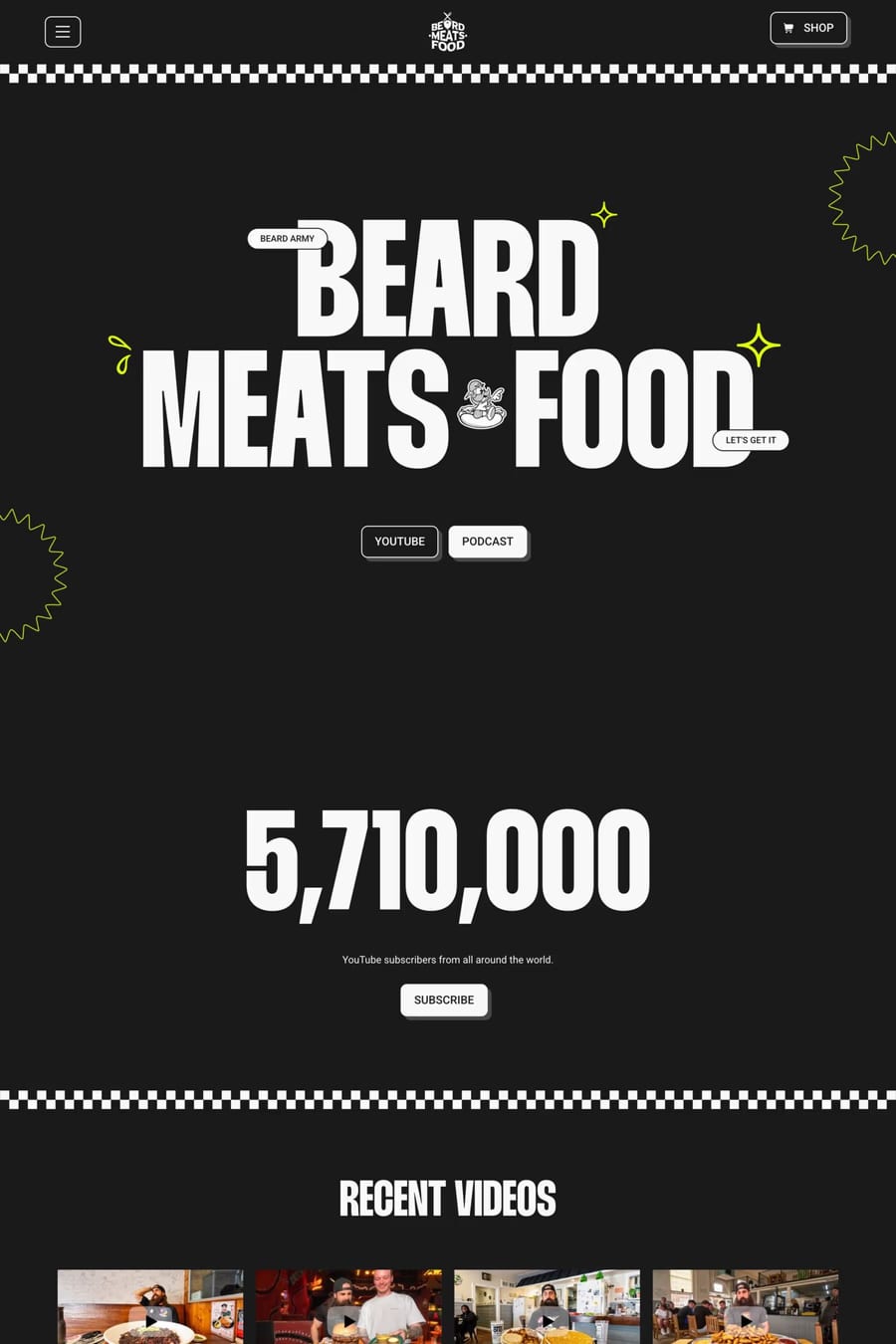 Beard Meats Food — screenshot of a colourful, fun food and drink blog in white and light grey