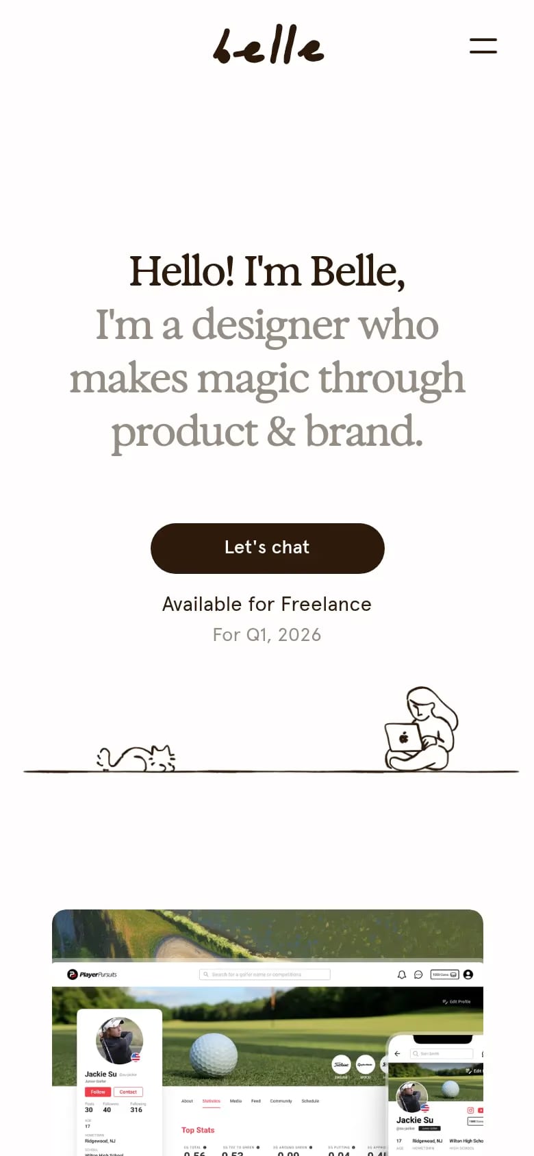 Belle Duffner — mobile screenshot of a clean, typographic design portfolio site in light grey and dark brown
