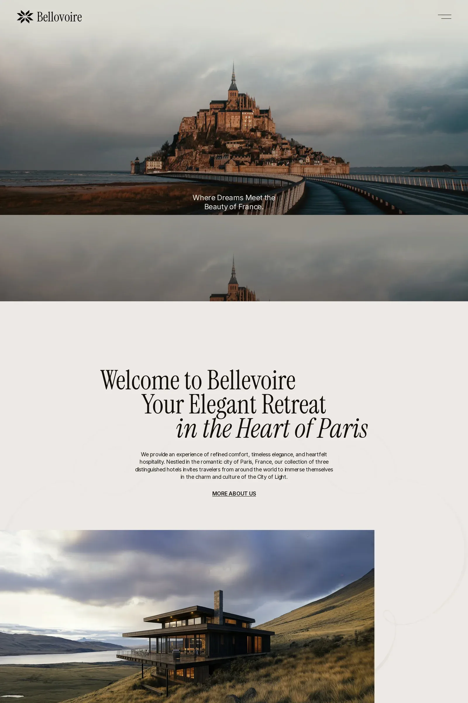 Bellevoire — screenshot of an elegant travel landing page template in beige