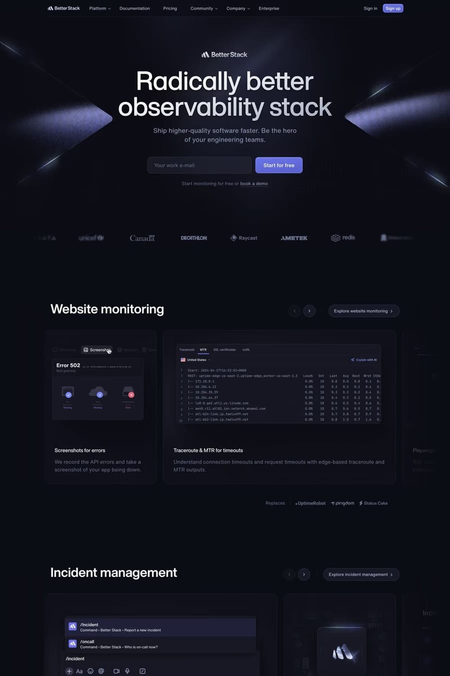 Better Stack — screenshot of a detailed, monochrome development landing page in black and dark blue