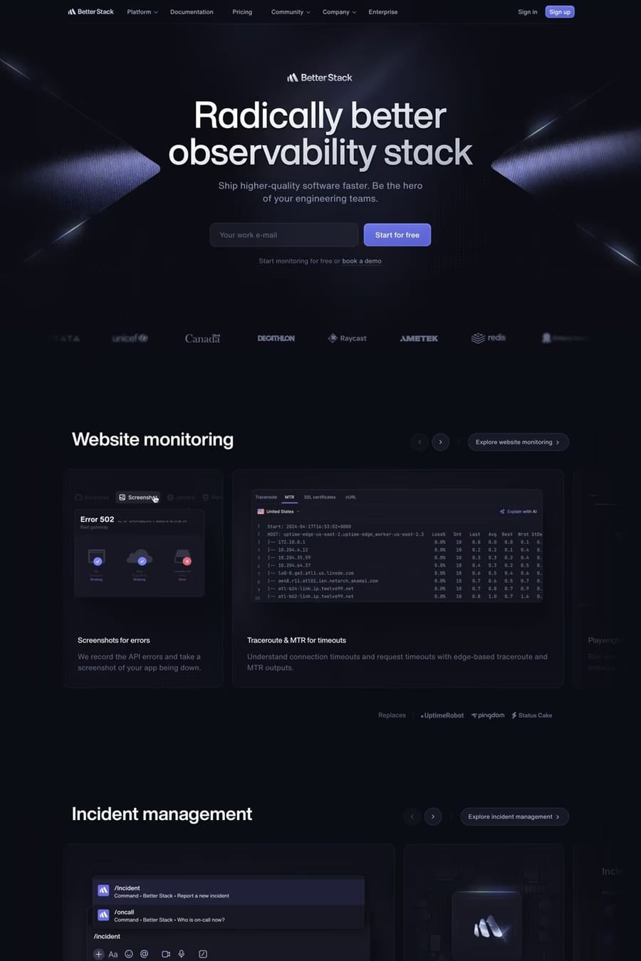 Better Stack — landing website screenshot